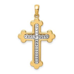 14k Two Tone Gold Diamond-cut 3D Budded Cross Pendant, 20 x 35mm